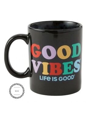 Life Is Good Good Vibes Black Mug 16 oz Colorful Quote Ceramic Coffee Cup BNIB